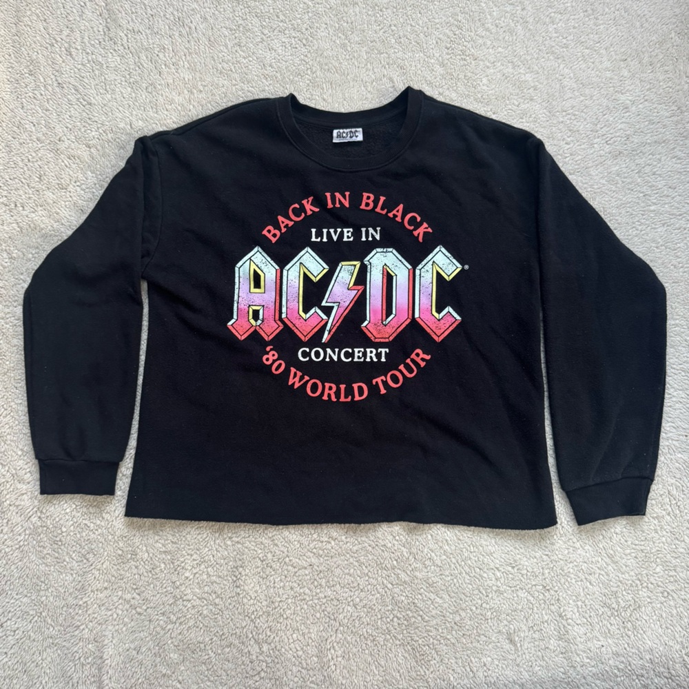 EUC AC/DC Girls Black Cropped Crewneck Sweatshirt Size XXL (16/18)